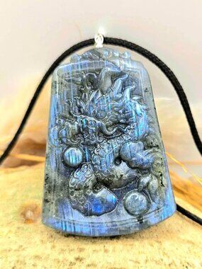 Nature Labradorite Oriental Dragon Big Pendant Necklace